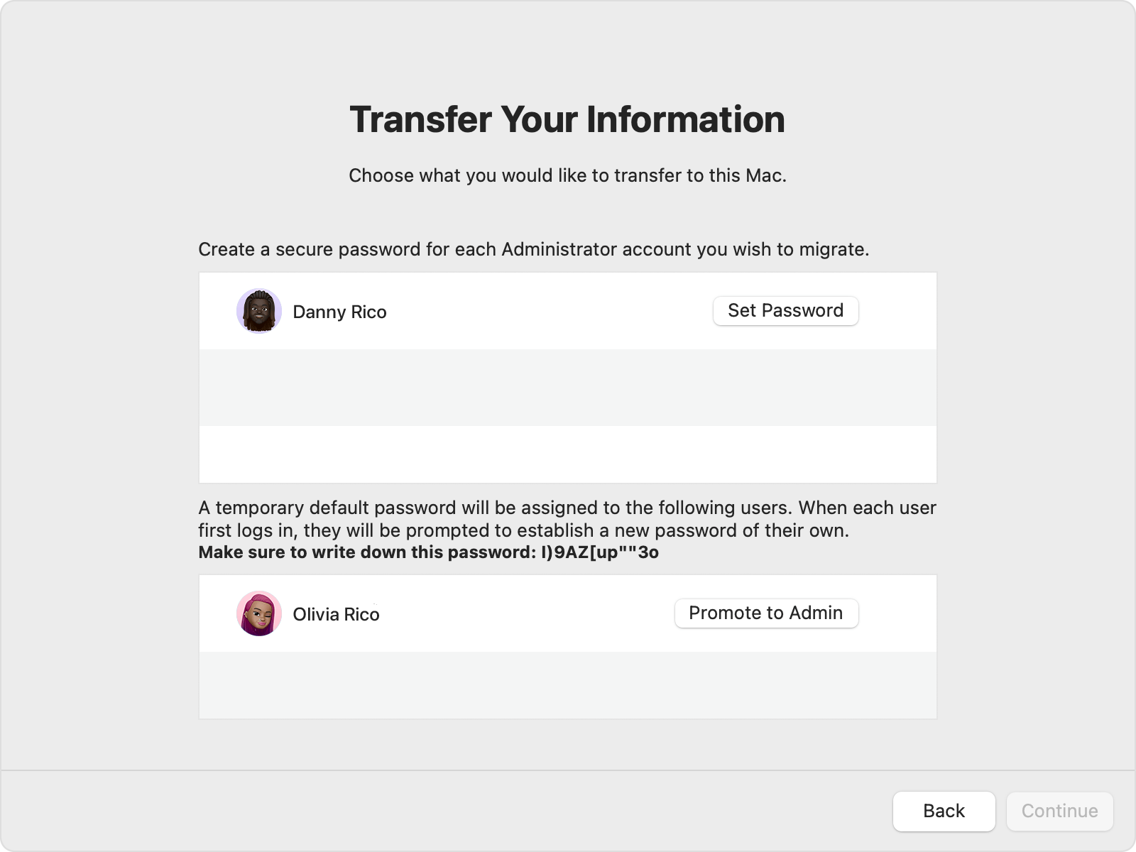 Migration Assistant showing the password options for an admin and non-admin account.