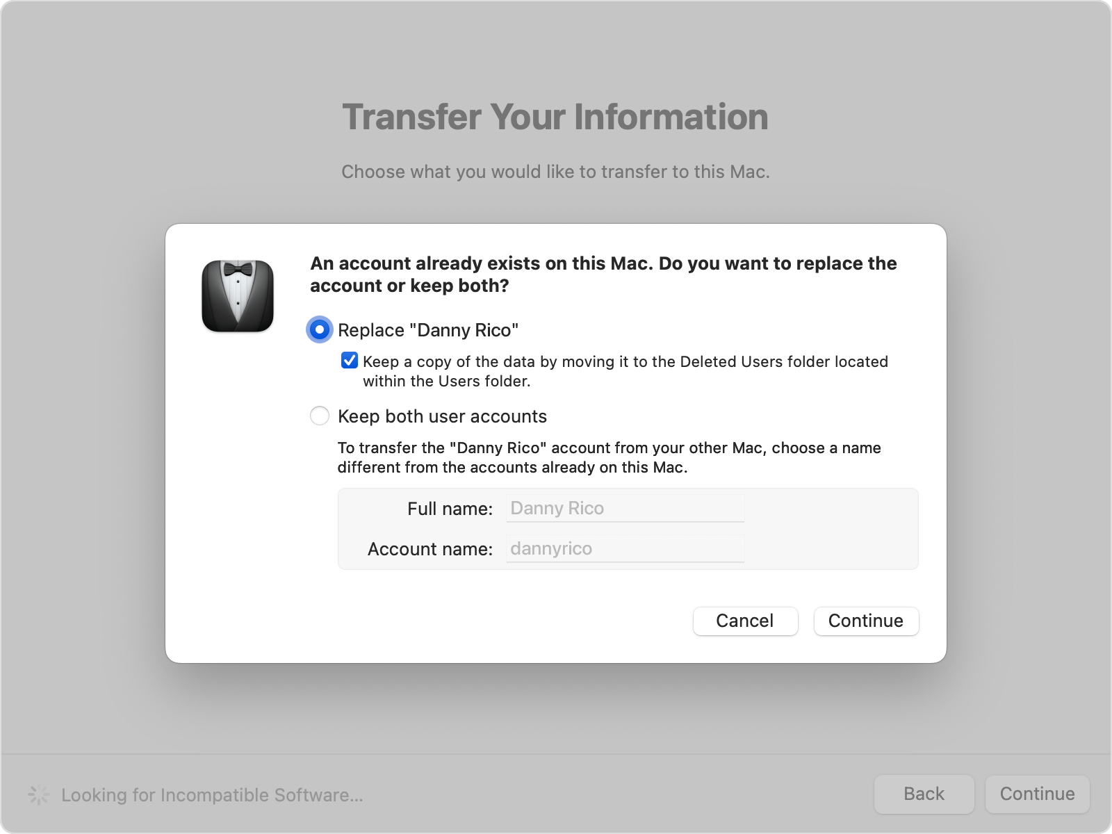 Migration Assistant showing the replace-or-keep options for an existing account.