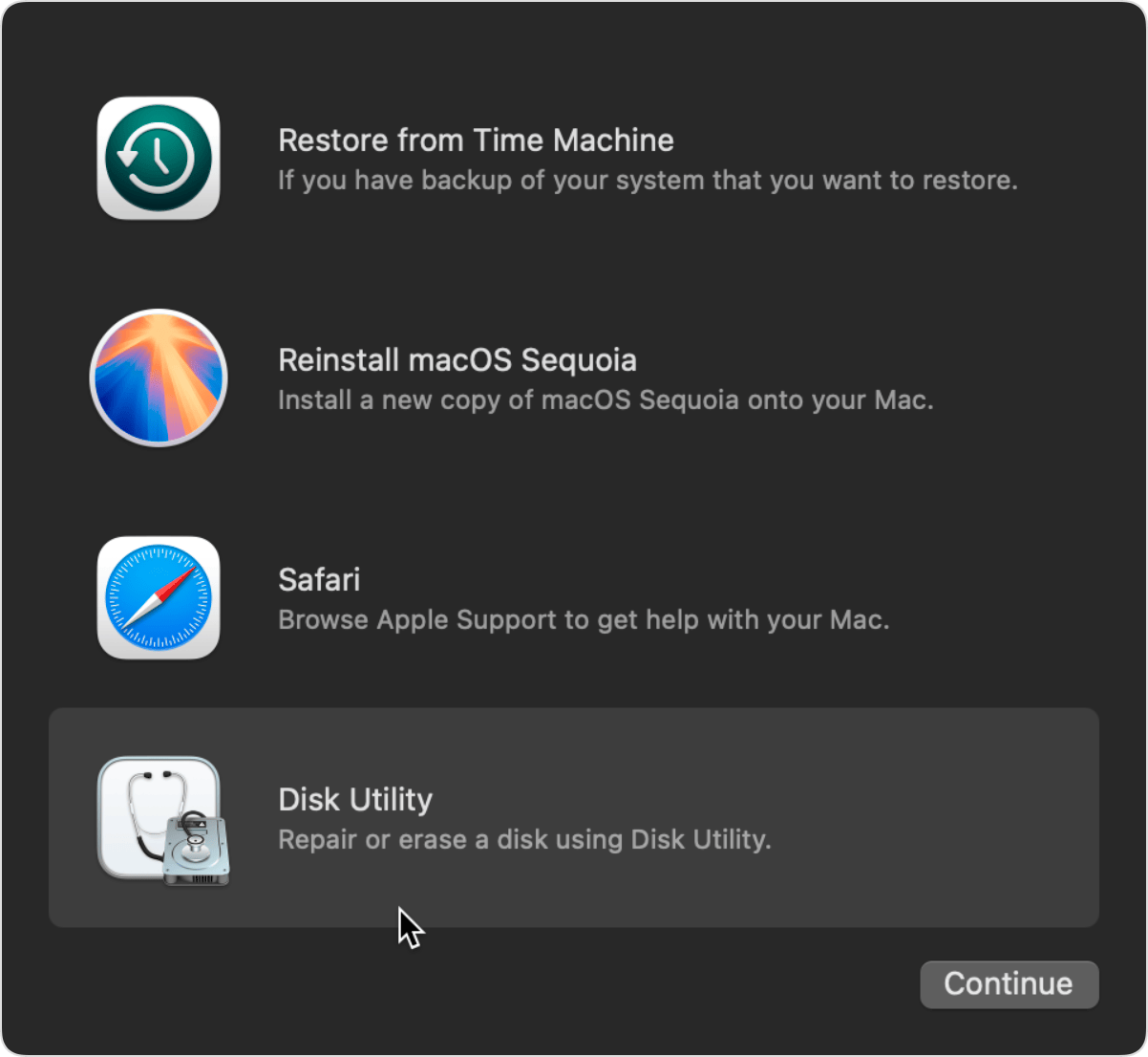 Fenêtre Utilitaires de la fonctionnalité de récupération de macOS