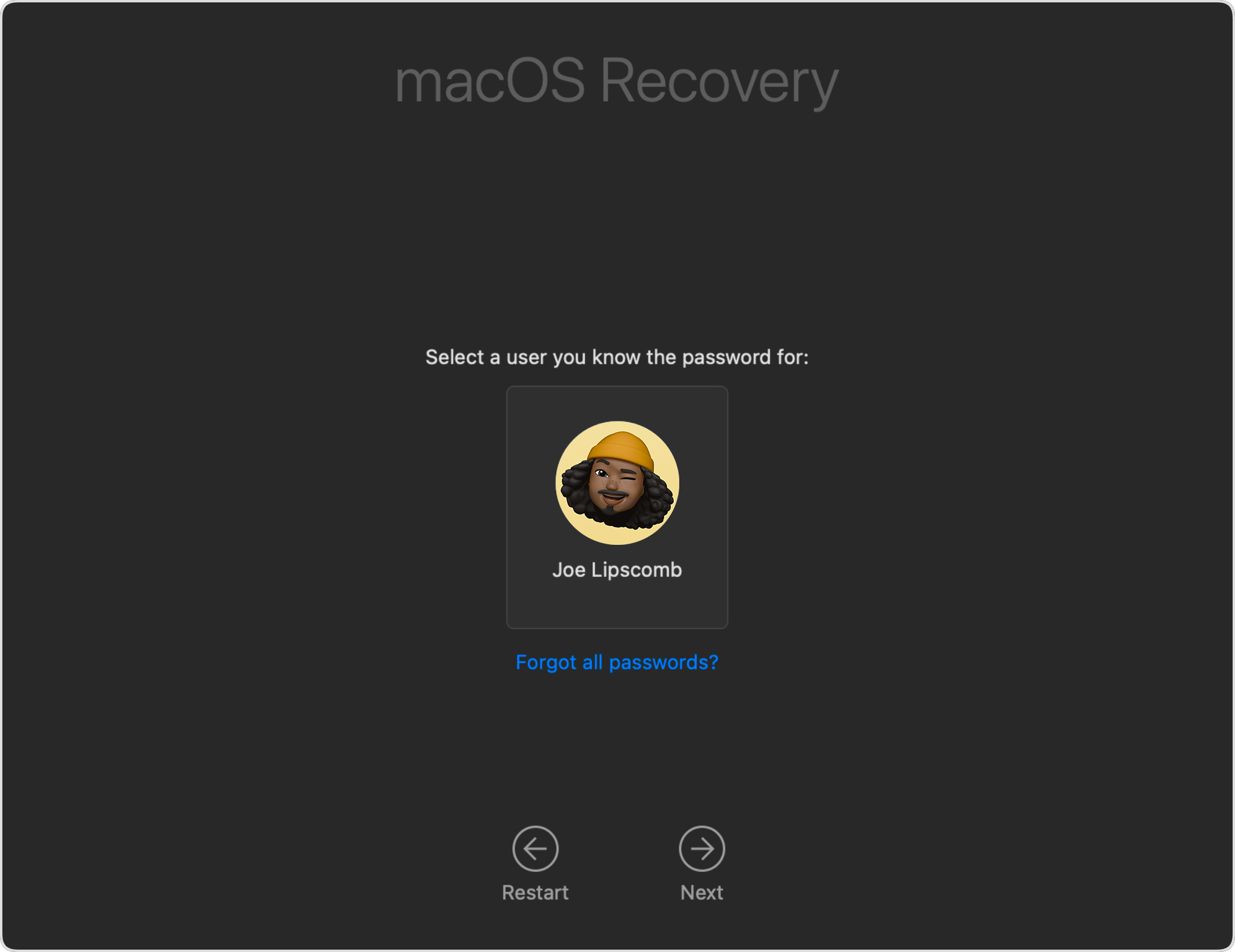 "Select a user" window in Recovery