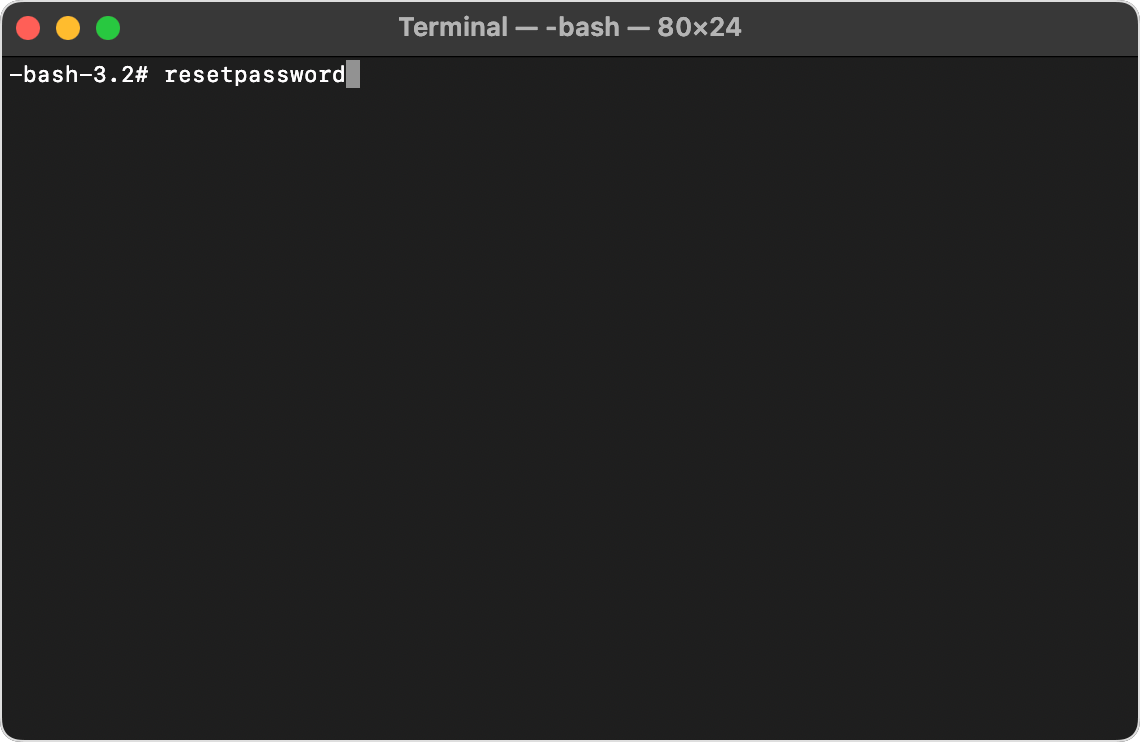 "resetpassword" command typed in Terminal.