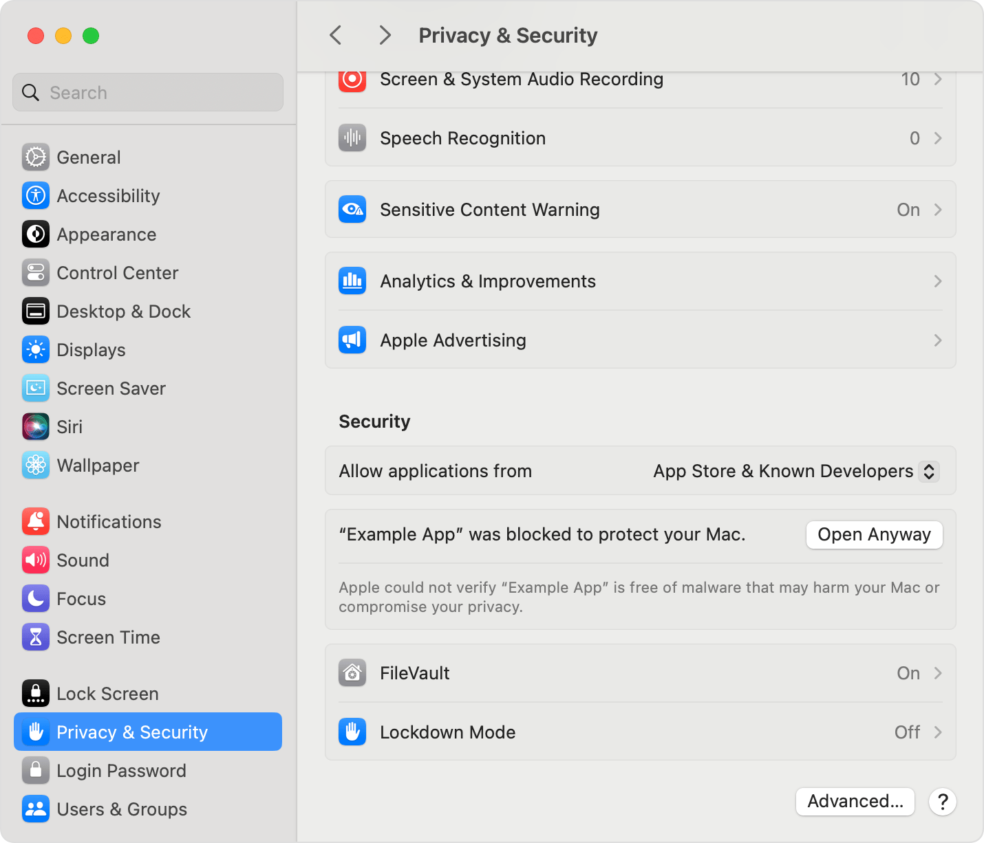 En Configuración del Sistema, elige abrir una app a pesar de la advertencia de seguridad si tienes la certeza de que la app proviene de una fuente confiable.