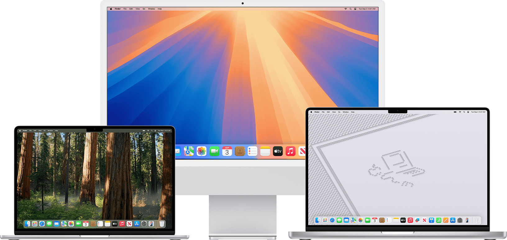 macOS Sequoia desktop wallpapers on MacBook Air, iMac and MacBook Pro.