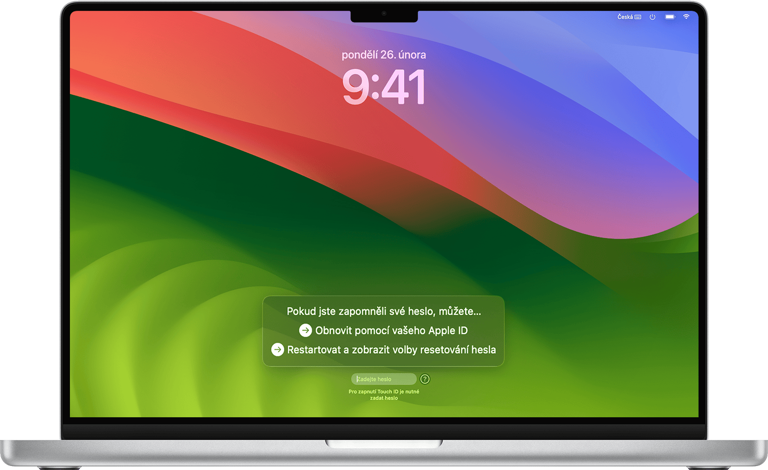Možnosti resetování hesla v přihlašovacím okně v macOS Sonoma