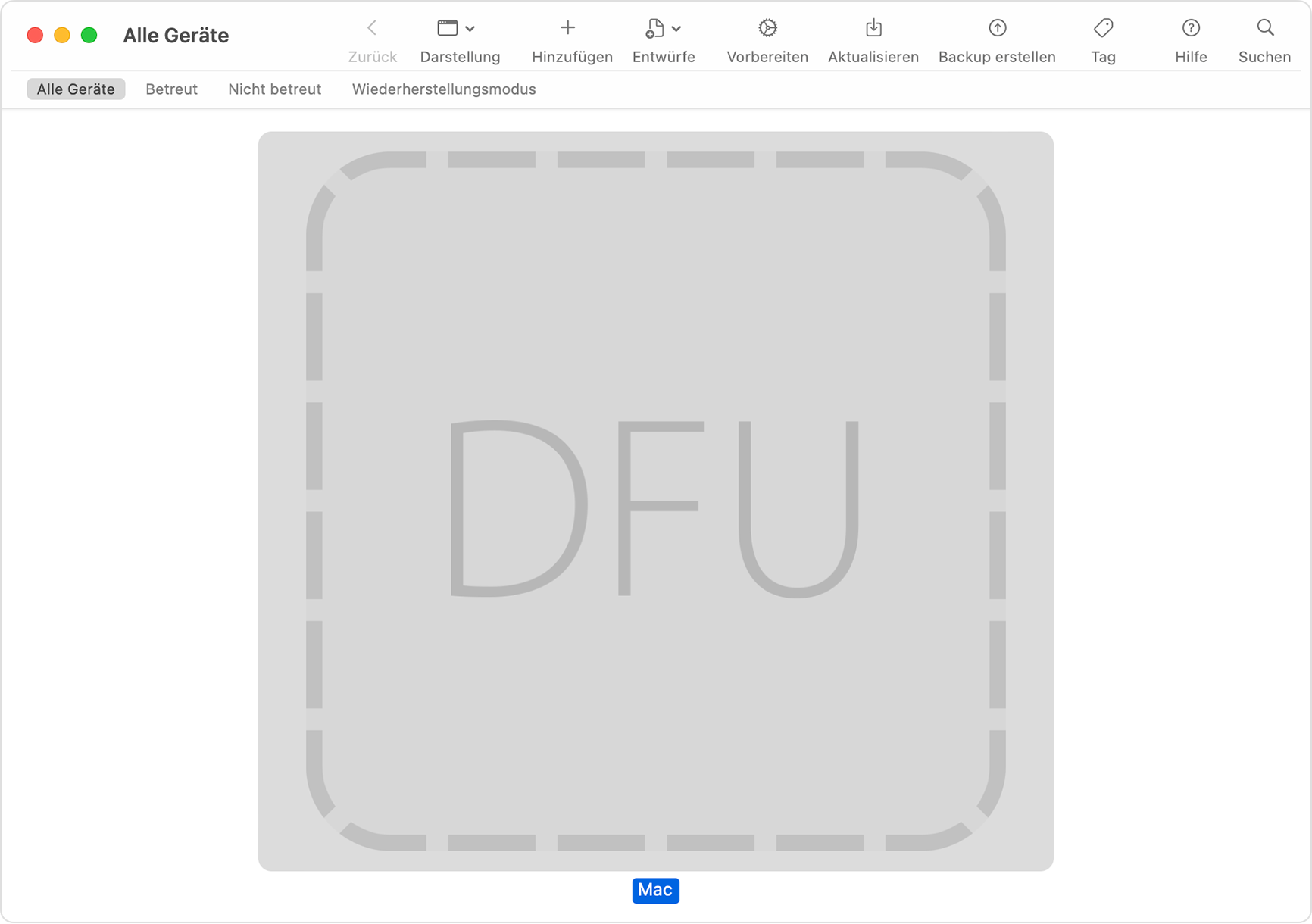 Apple Configurator-Fenster, in dem „DFU“ für den betroffenen Mac ausgewählt ist