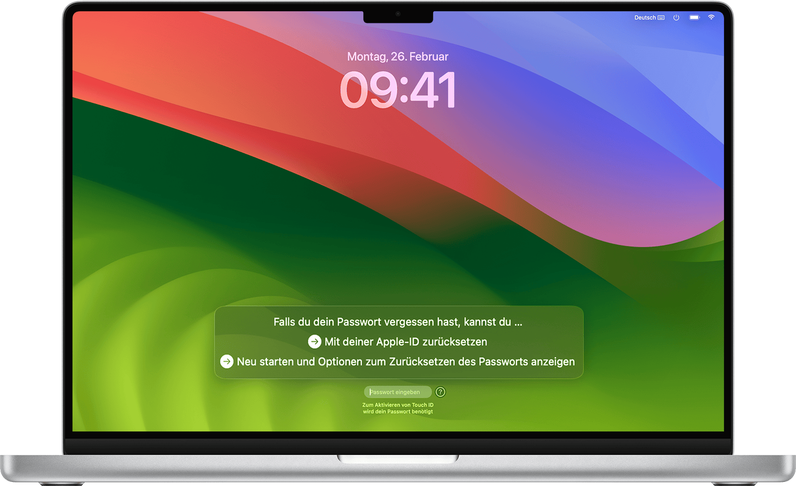 Optionen zum Zurücksetzen des Passworts im Anmeldefenster von macOS Sonoma