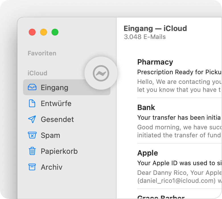 iCloud-Account in der Mail-Seitenleiste mit Blitzsymbol