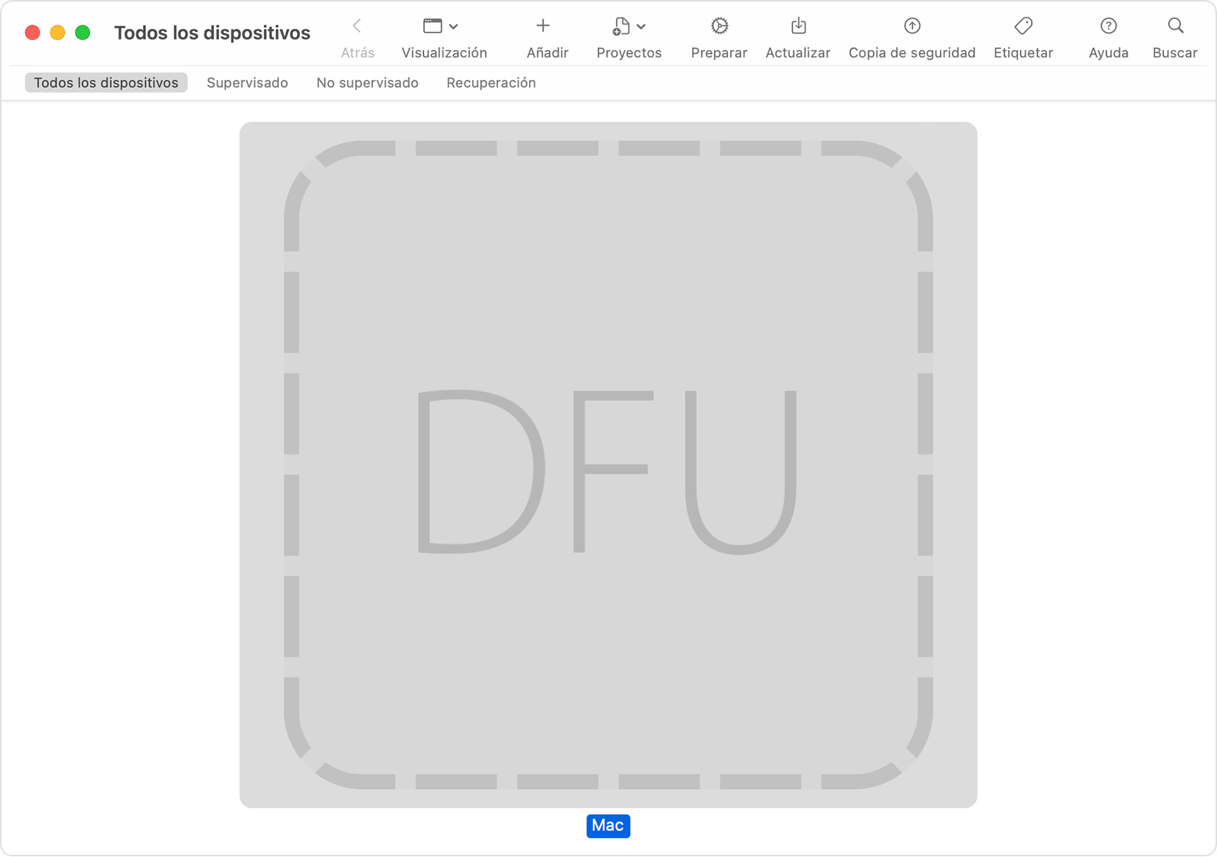 Ventana de Apple Configurator que muestra la opción "DFU" seleccionada para la Mac afectada
