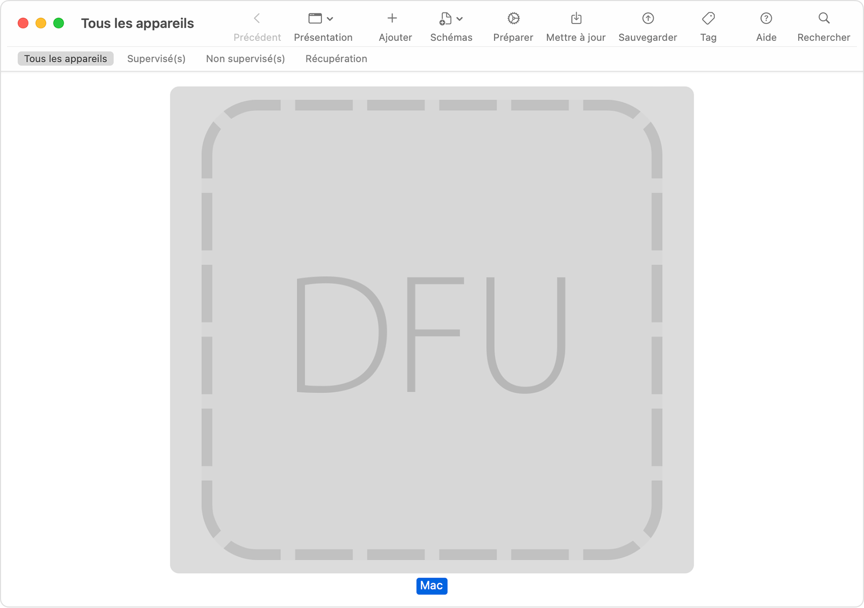 Fenêtre Apple Configurator affichant « DFU » sélectionné pour le Mac concerné
