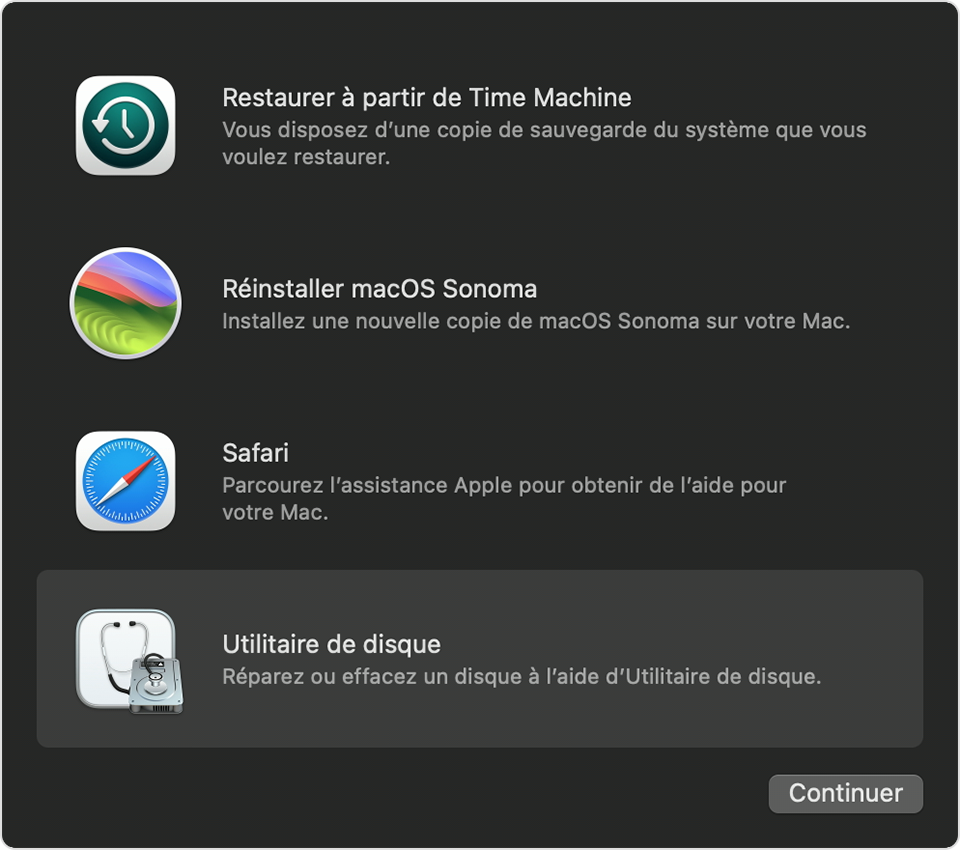 Fenêtre des utilitaires de la fonctionnalité de récupération de macOS