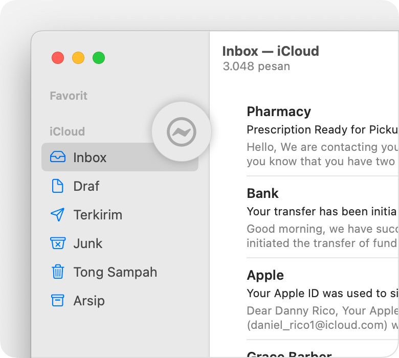 Akun iCloud di bar samping Mail dengan ikon petir yang ditampilkan