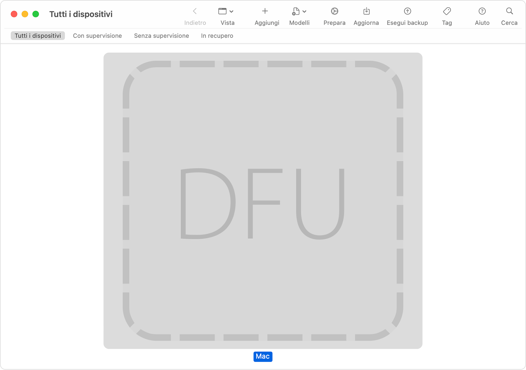 Finestra di Apple Configurator che mostra “DFU” selezionato per il Mac interessato