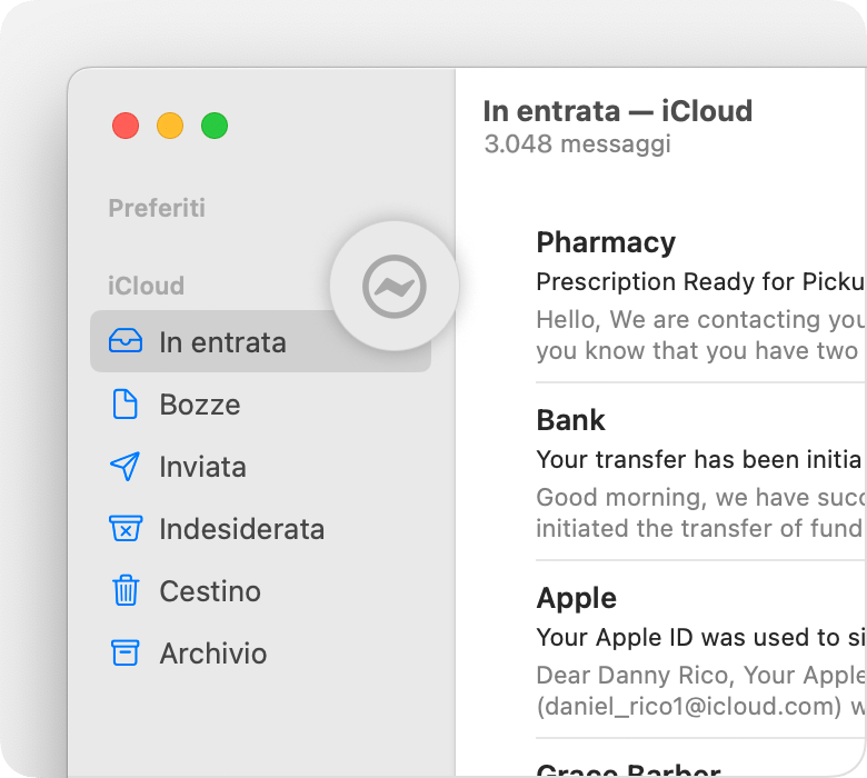 Account iCloud nella barra laterale di Mail con l'icona del fulmine
