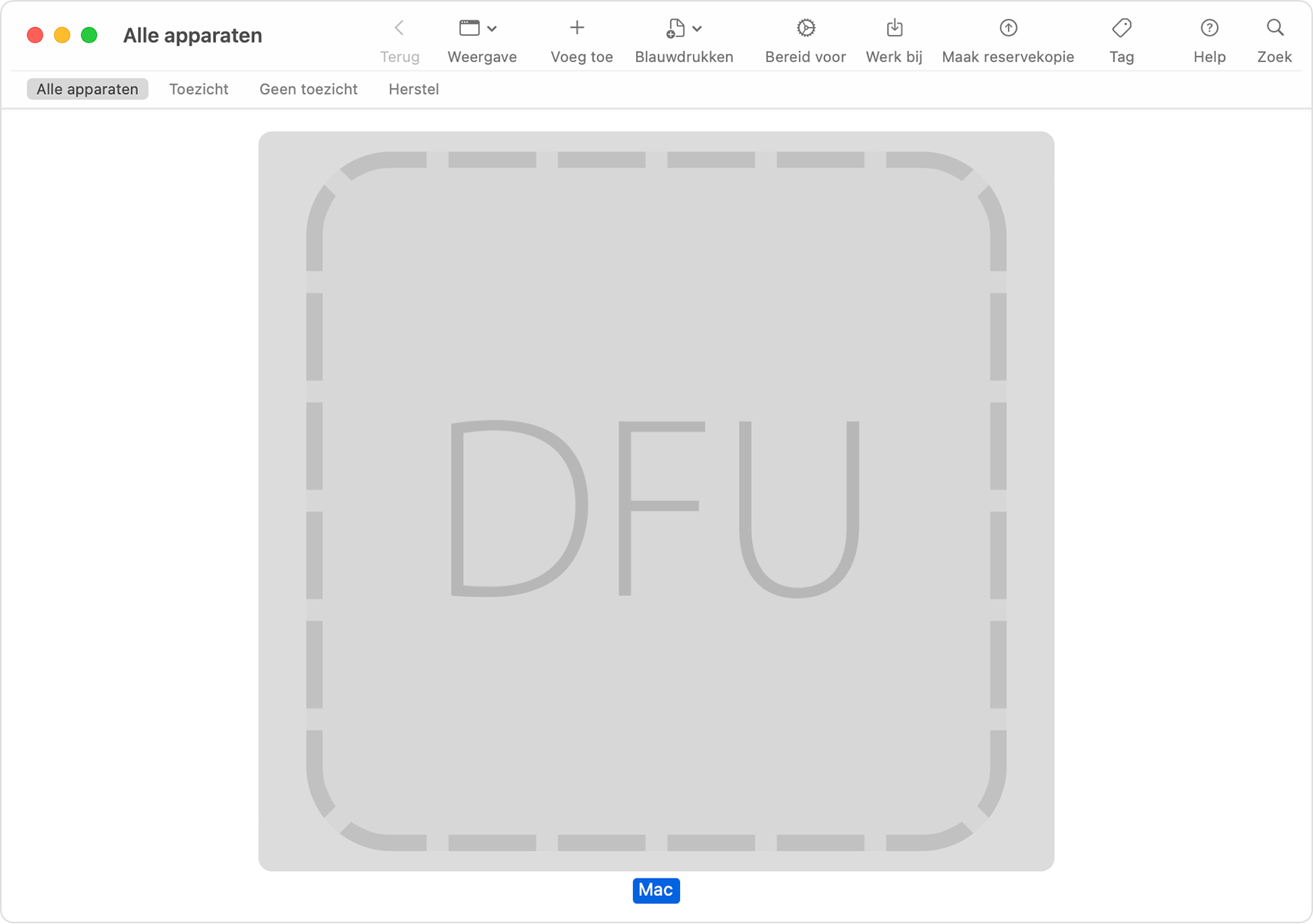 Apple Configurator-venster waarin 'DFU' is geselecteerd voor de betrokken Mac