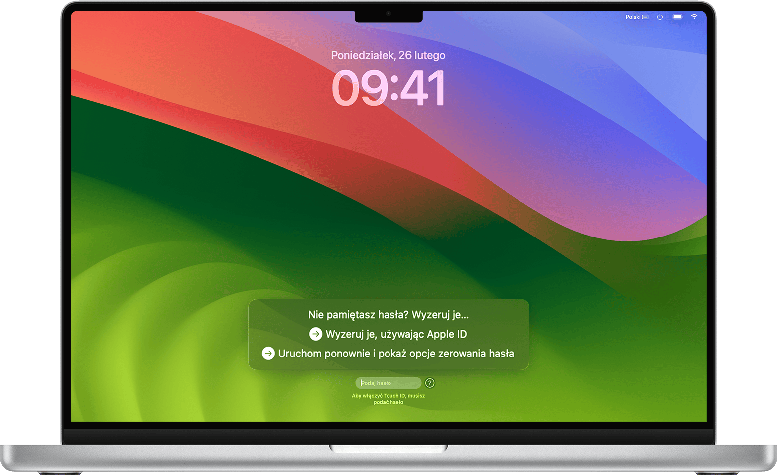 Opcje zerowania hasła w oknie logowania w systemie macOS Sonoma