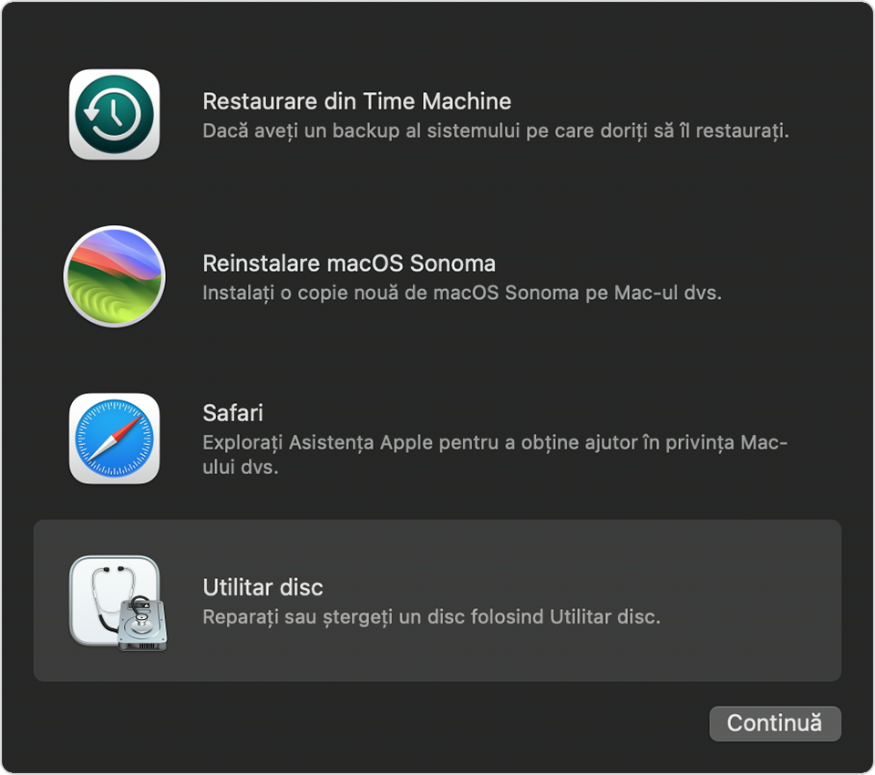 Fereastra Utilitare în Recuperare macOS