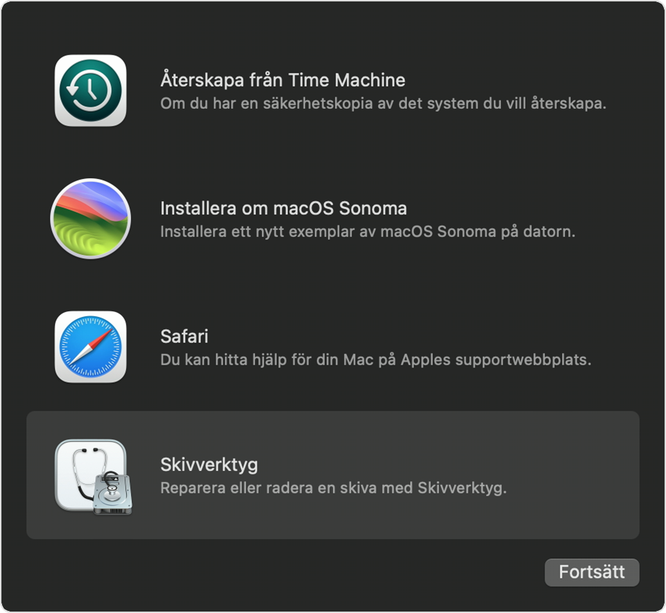 Fönstret Verktyg i macOS Återställning