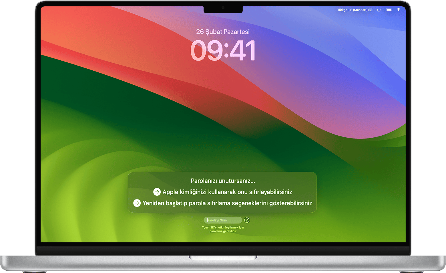 macOS Sonoma'da oturum açma penceresindeki parola sıfırlama seçenekleri