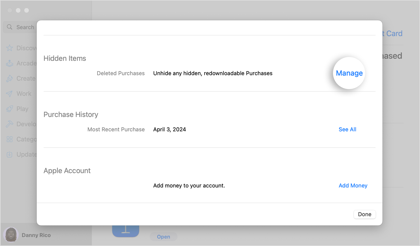 App Store on Mac showing the Account Settings screen, with the option to Manage hidden items highlighted