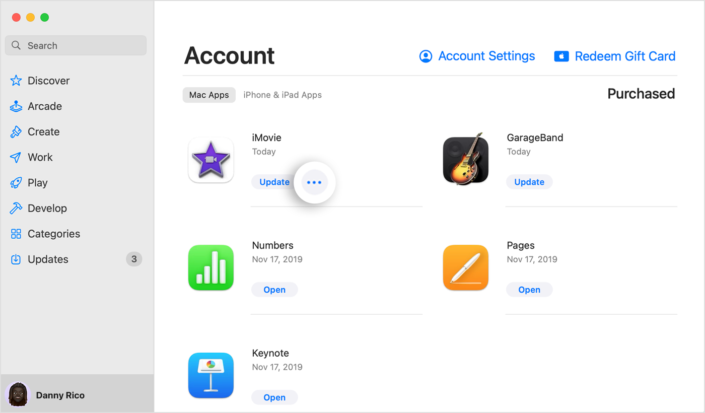 App Store sur Mac affichant l’écran Compte, avec le bouton Plus pour une app en surbrillance