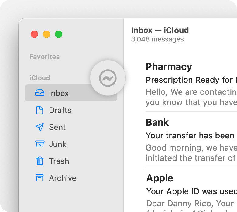 iCloud-account in Mail-navigatiekolom met bliksemschichtsymbool