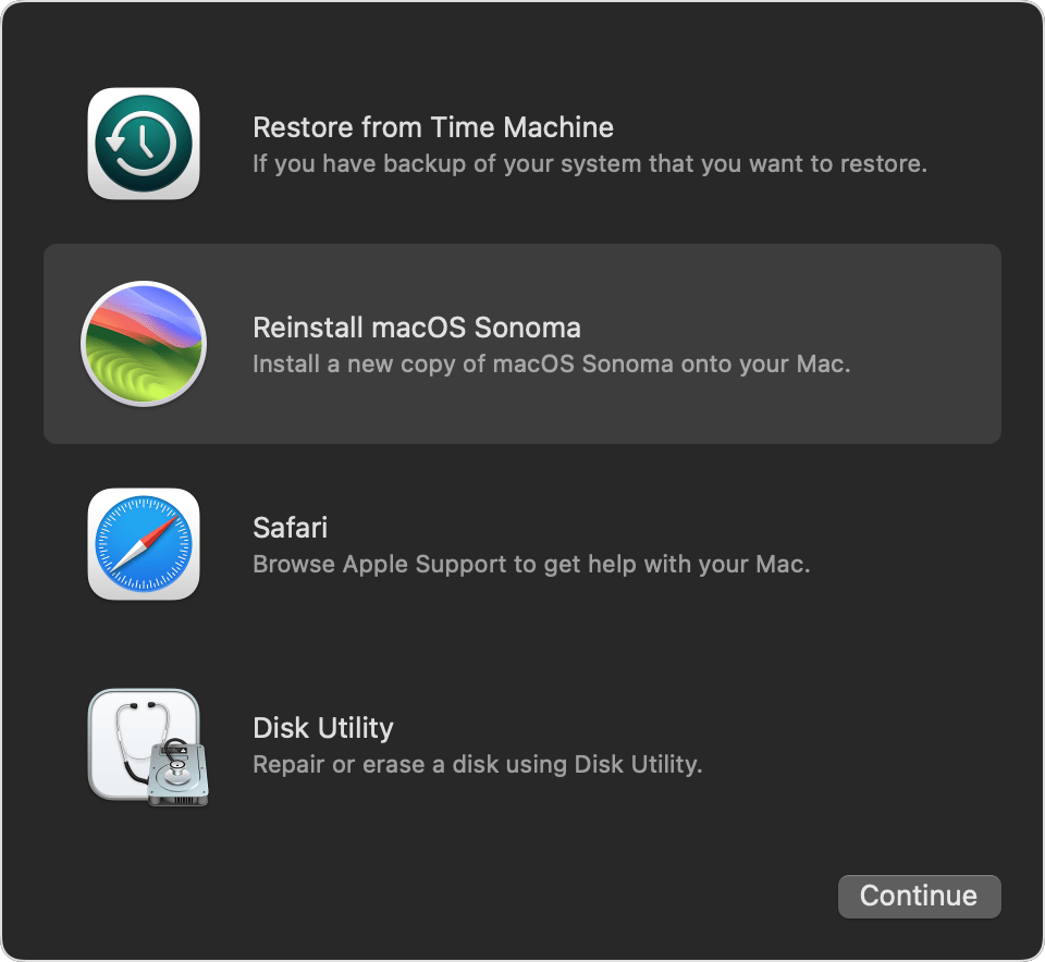 Fenêtre des utilitaires de récupération de macOS