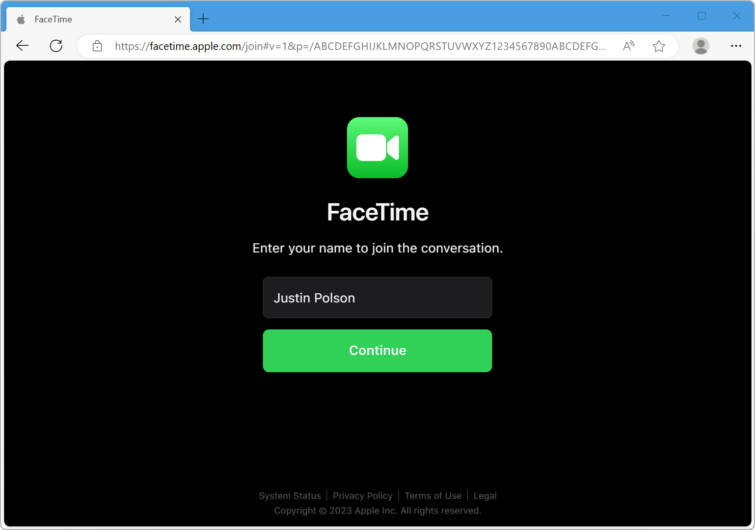 網頁瀏覽器中的 FaceTime 連結畫面：「請輸入你的名稱以加入對話」。