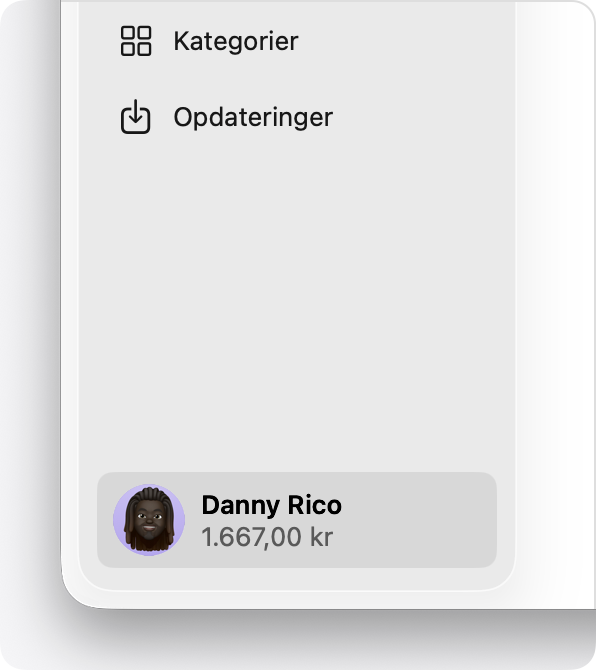 I App Store til macOS vises saldoen på kontoen nederst i indholdsoversigten.
