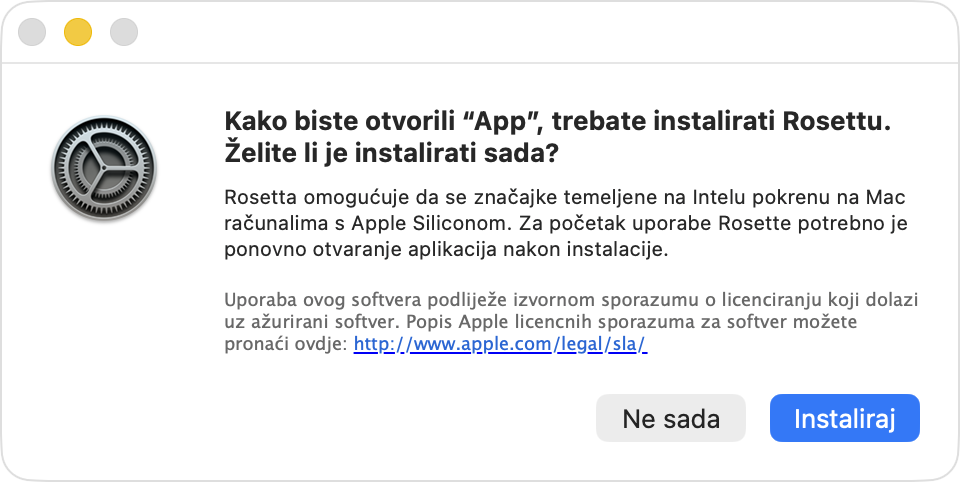 Upozorenje sustava macOS s upitom želite li instalirati softver Rosetta.