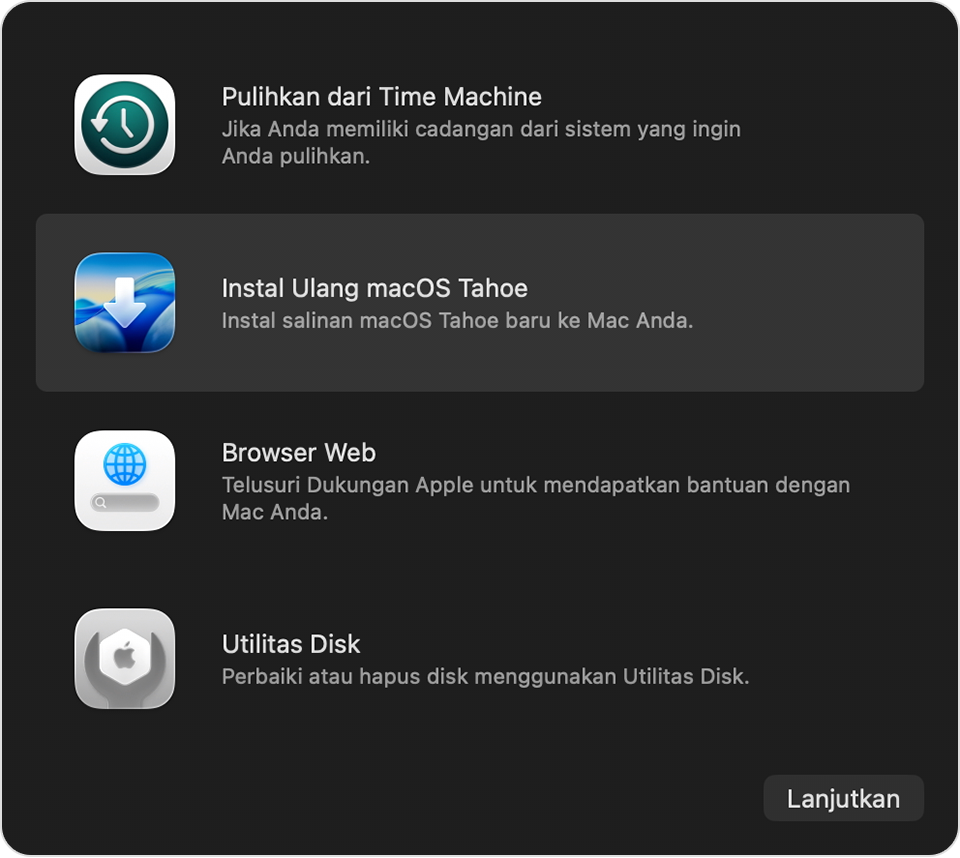 Jendela Utilitas di Pemulihan macOS