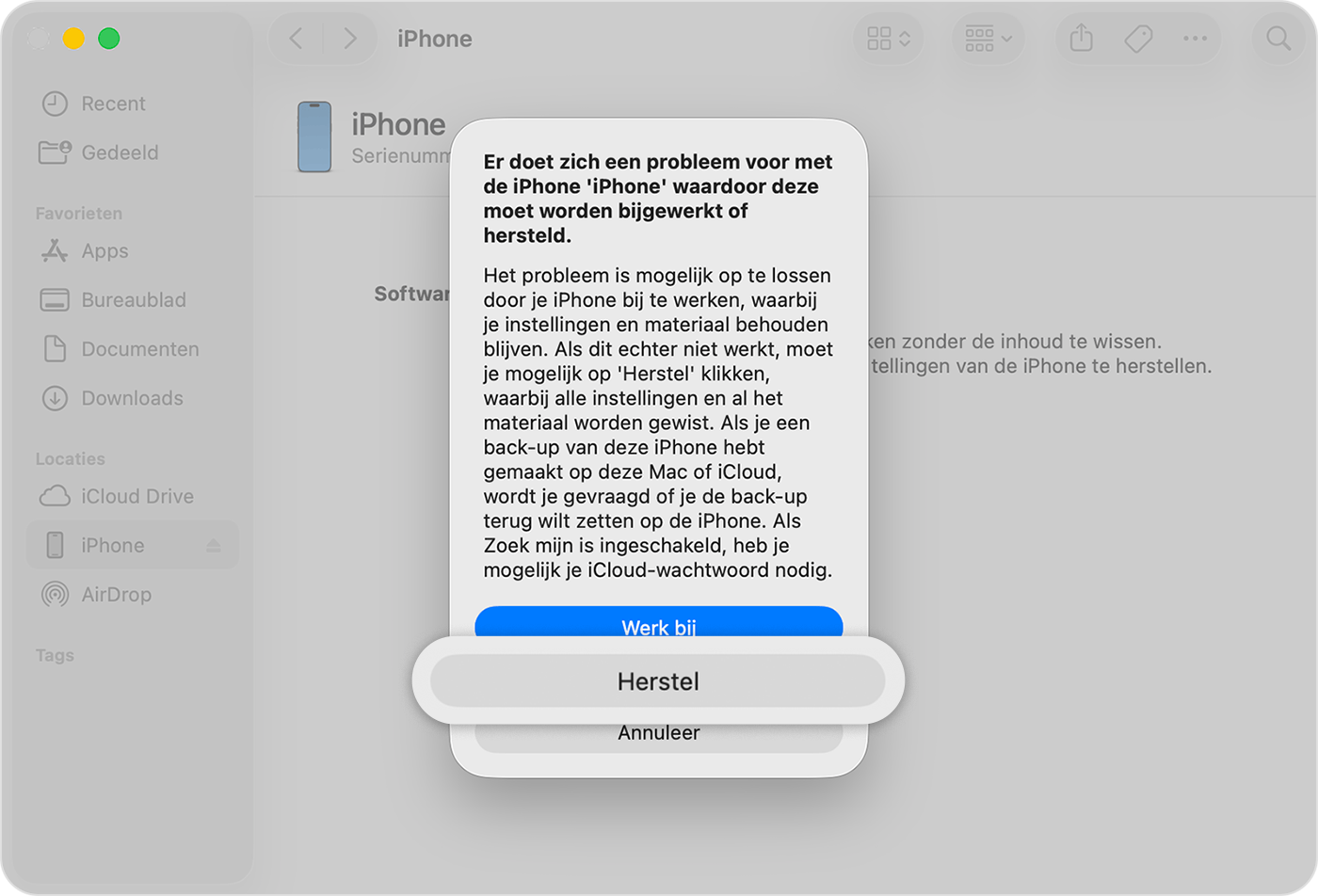 Nadat je de iPhone op je computer hebt aangesloten, tik je op ‘Herstel’ wanneer deze optie wordt weergegeven.