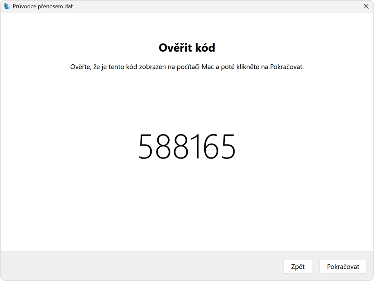 Průvodce přenosem dat na PC: Ověření kódu