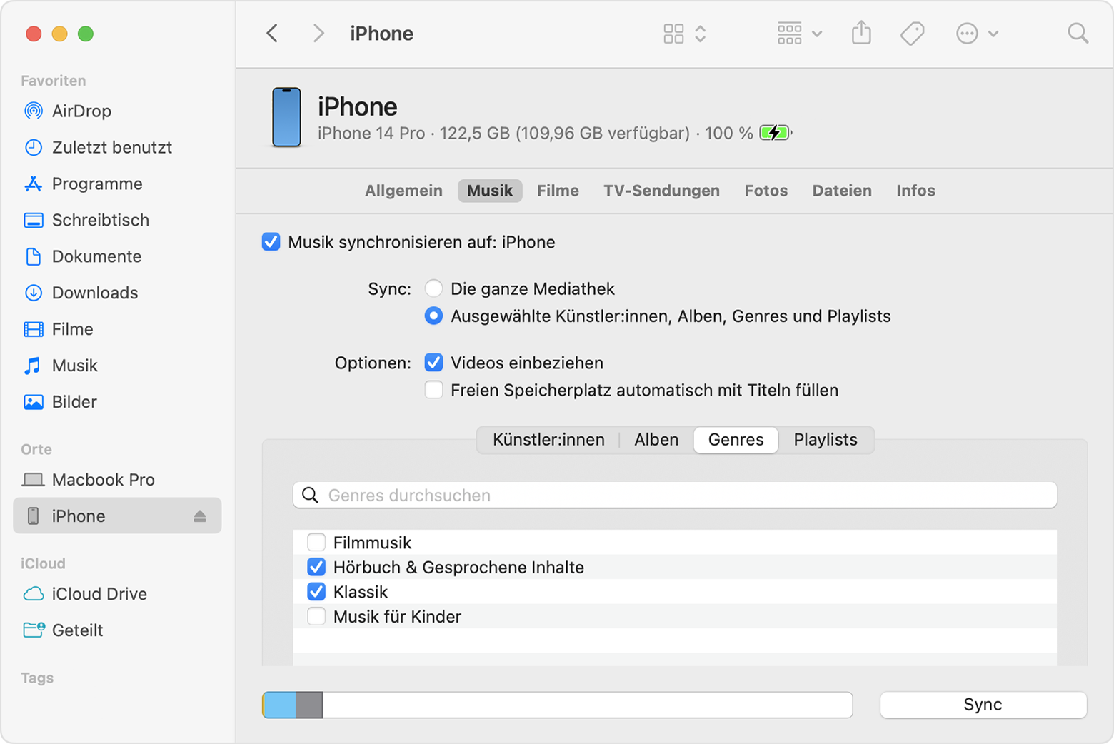 macOS-Ventura-Finder-Johns-iPhone-Musik-synchronisieren-Ausgewählte-Genres