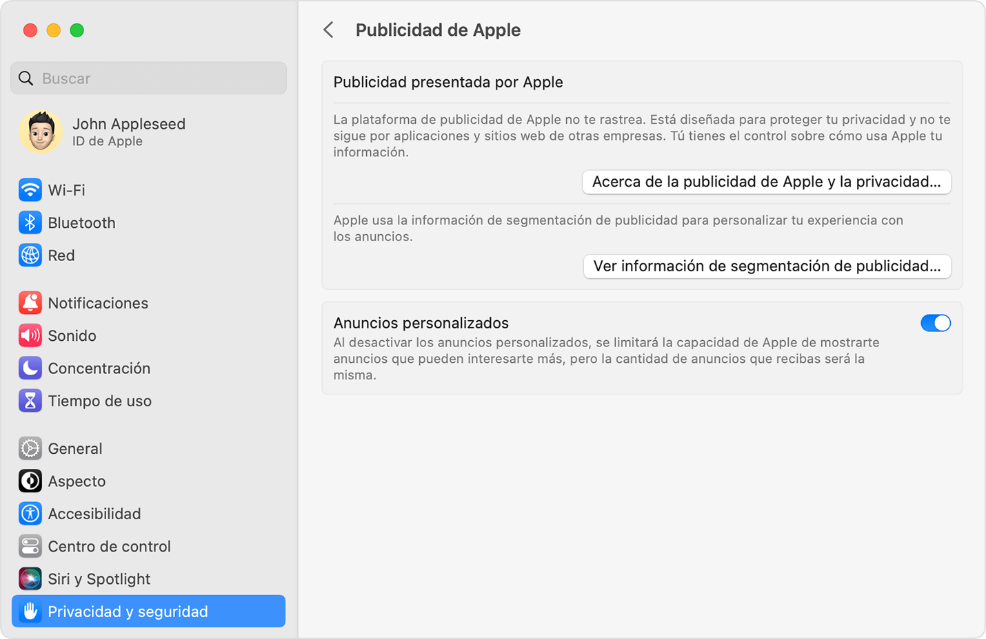 En los ajustes de Sistema macOS, desactiva la opción Anuncios personalizados