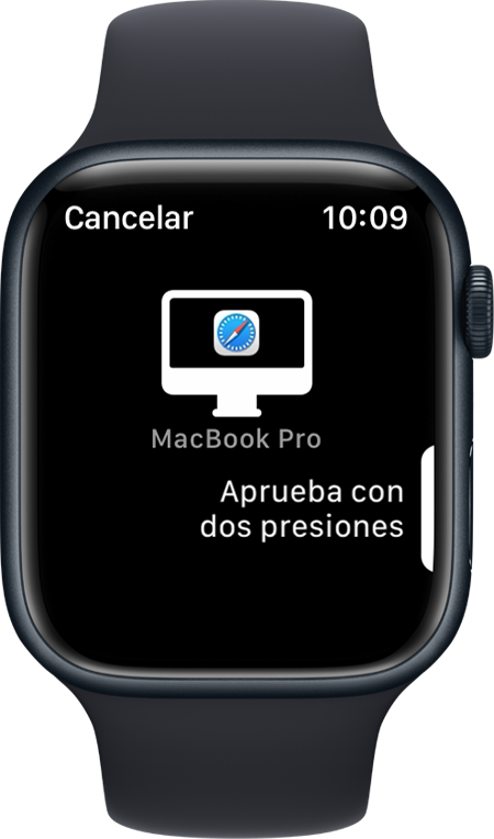 Pantalla del Apple Watch en la que se muestra un mensaje para hacer doble clic para aprobar