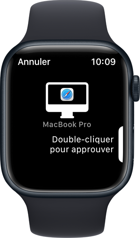 Écran d’Apple Watch affiche un message indiquant qu’il faut double-cliquer pour approuver
