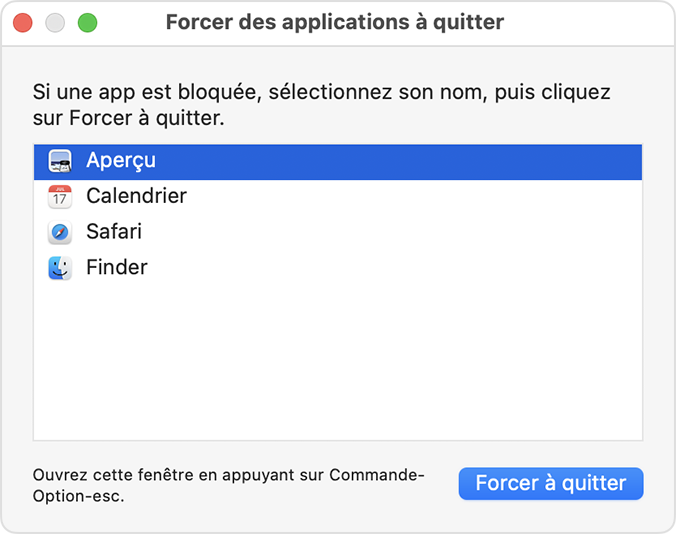 Fenêtre Forcer des applications à quitter