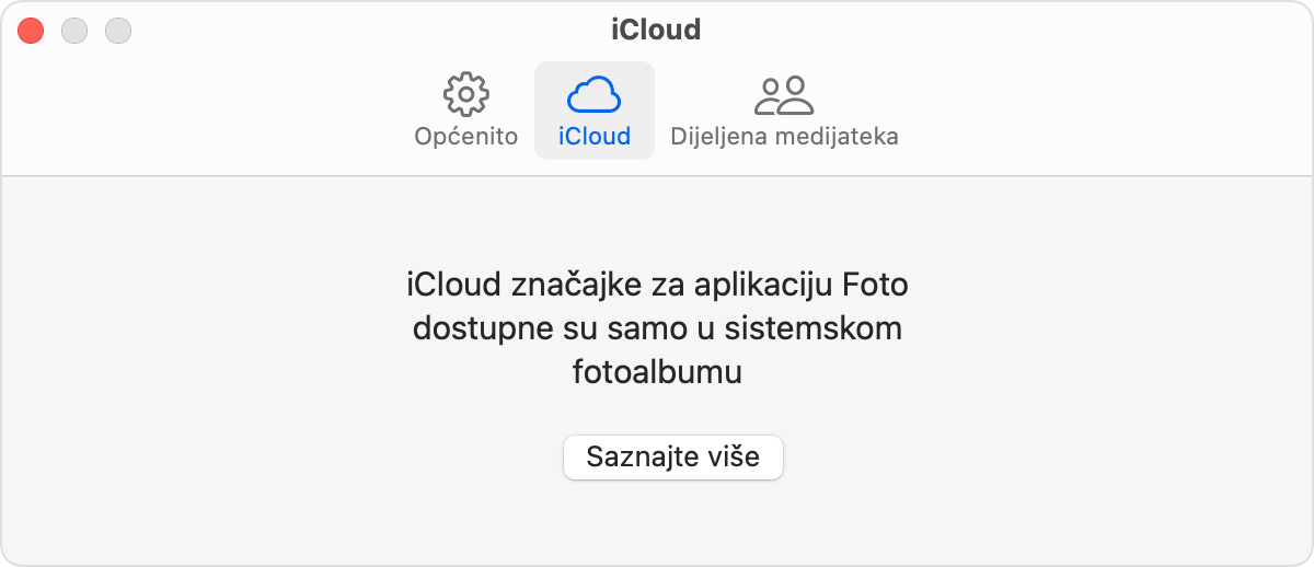 Aplikacija Foto s prikazanom karticom iCloud