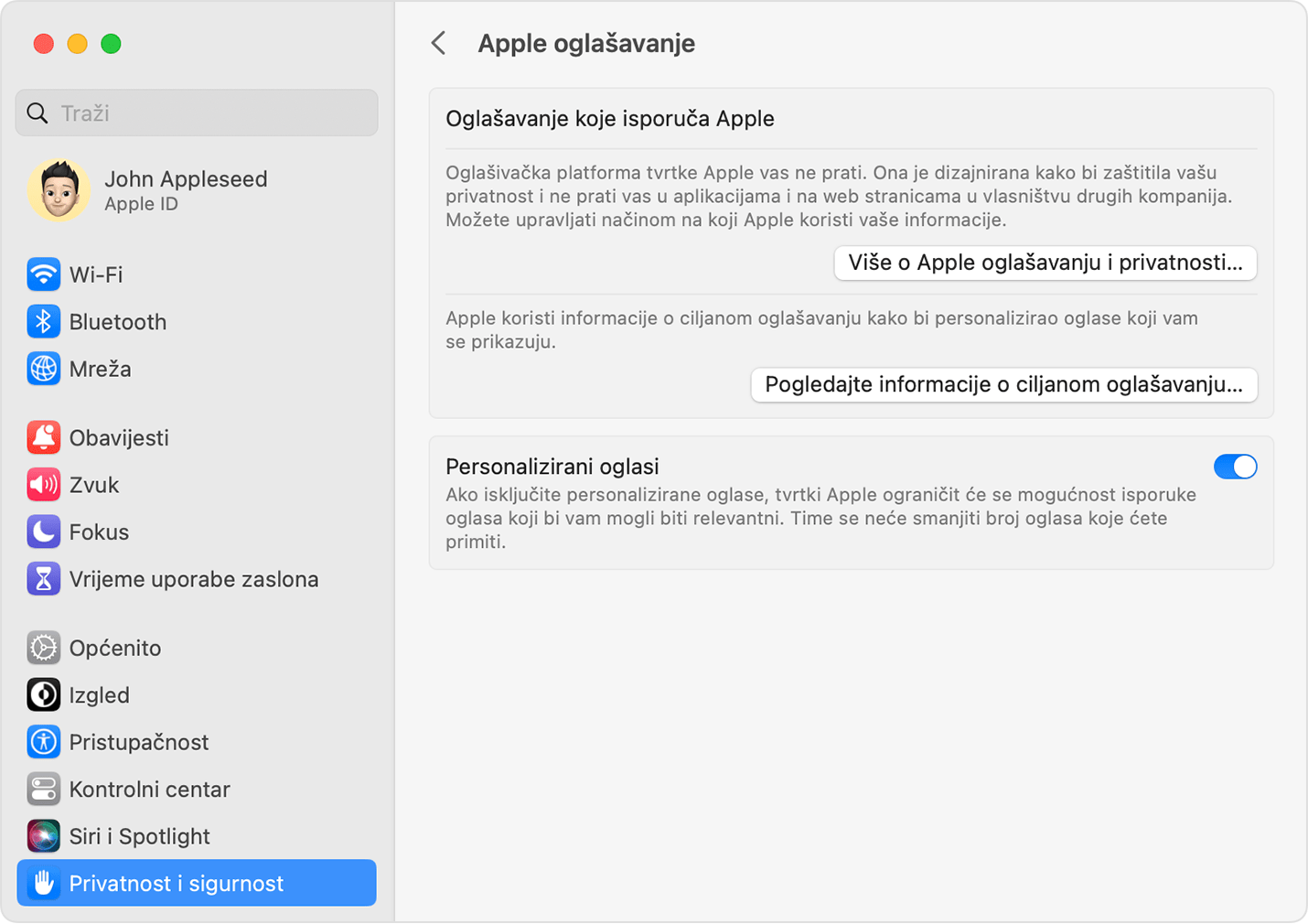 U postavkama sustava macOS isključite personalizirane oglase