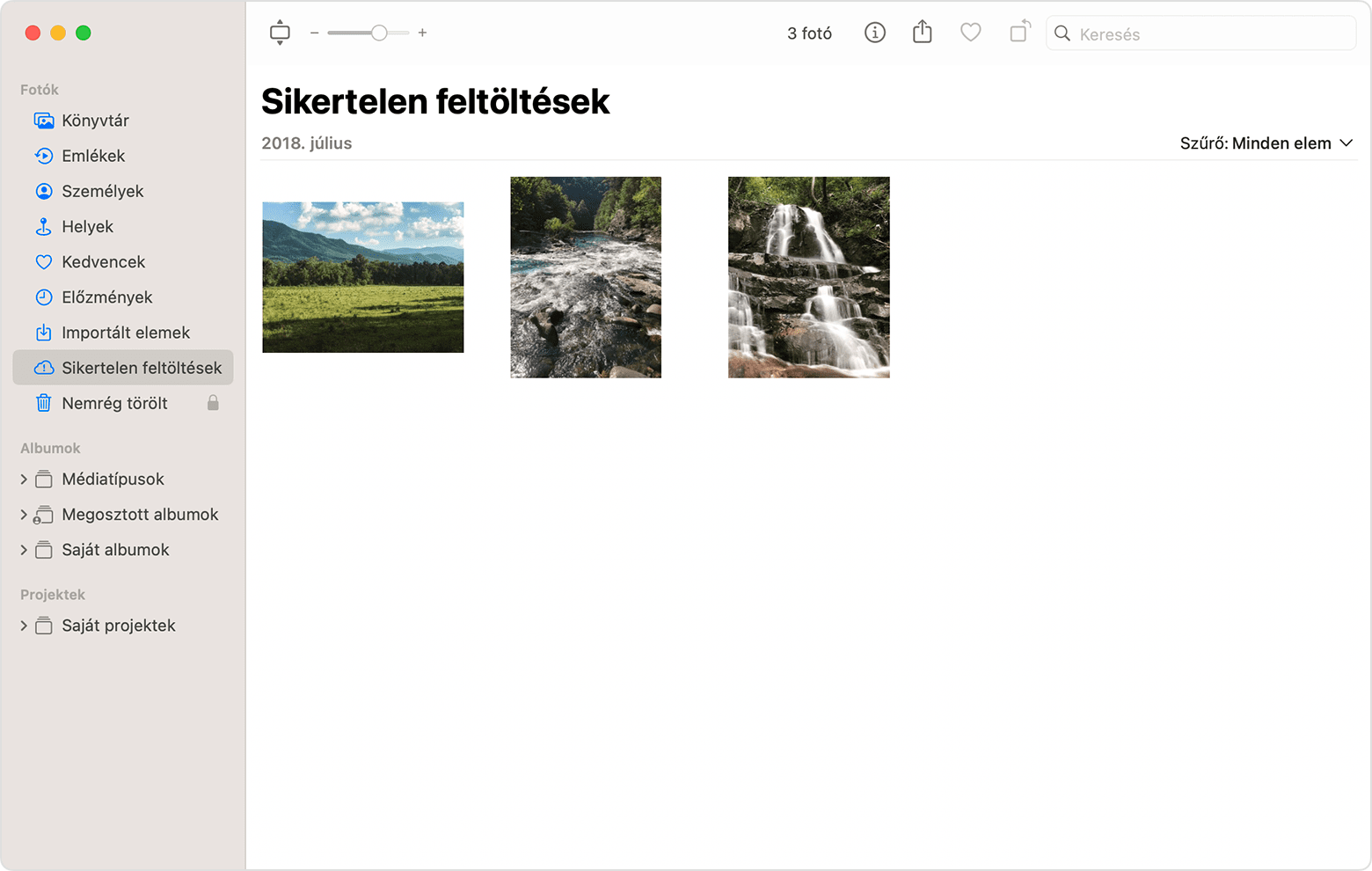 A Sikertelen feltöltések album, amelyben egy olyan elem látható, amelyet nem lehetett szinkronizálni