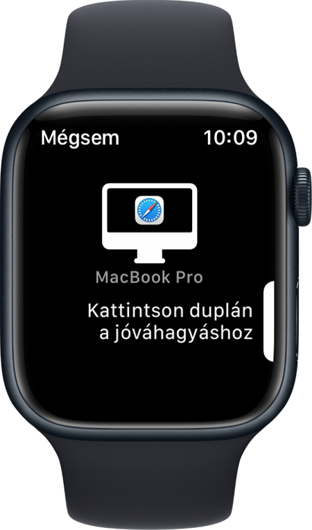 Egy Apple Watch képernyőjén egy üzenet, mely szerint duplán meg kell nyomni a gombot a jóváhagyáshoz