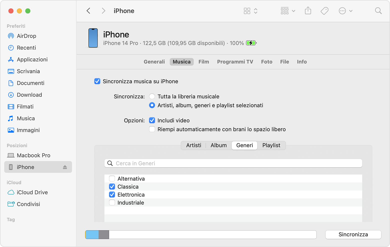Finder in macOS Ventura; sincronizzazione di musica sull'iPhone di John; generi selezionati