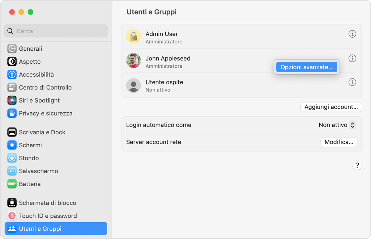 Users & Groups pane, showing the menu with Advanced Options