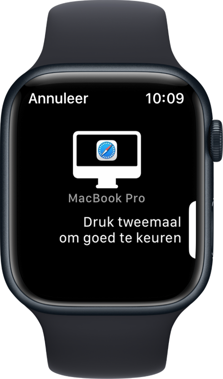 Scherm van Apple Watch met een bericht om te dubbelklikken voor goedkeuren
