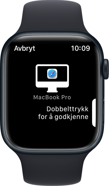 Apple Watch-skjerm der det vises en melding om at brukeren må dobbeltklikke for godkjenning