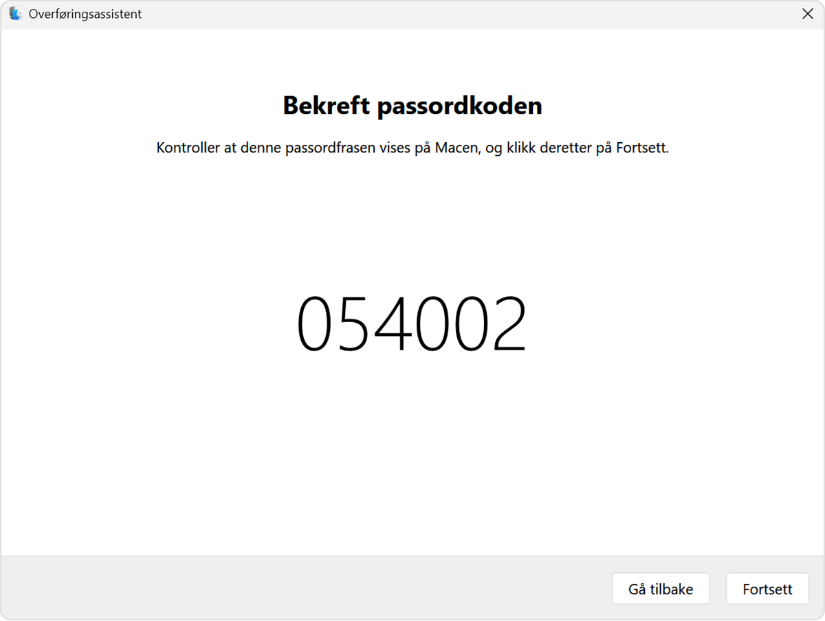Overføringsassistent på PC: Bekreft kode