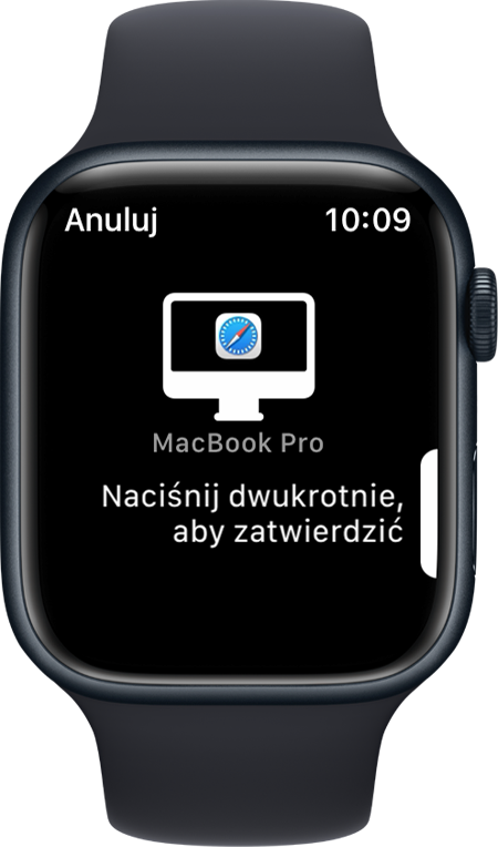 Ekran zegarka Apple Watch z komunikatem „Naciśnij dwukrotnie, aby zatwierdzić”.