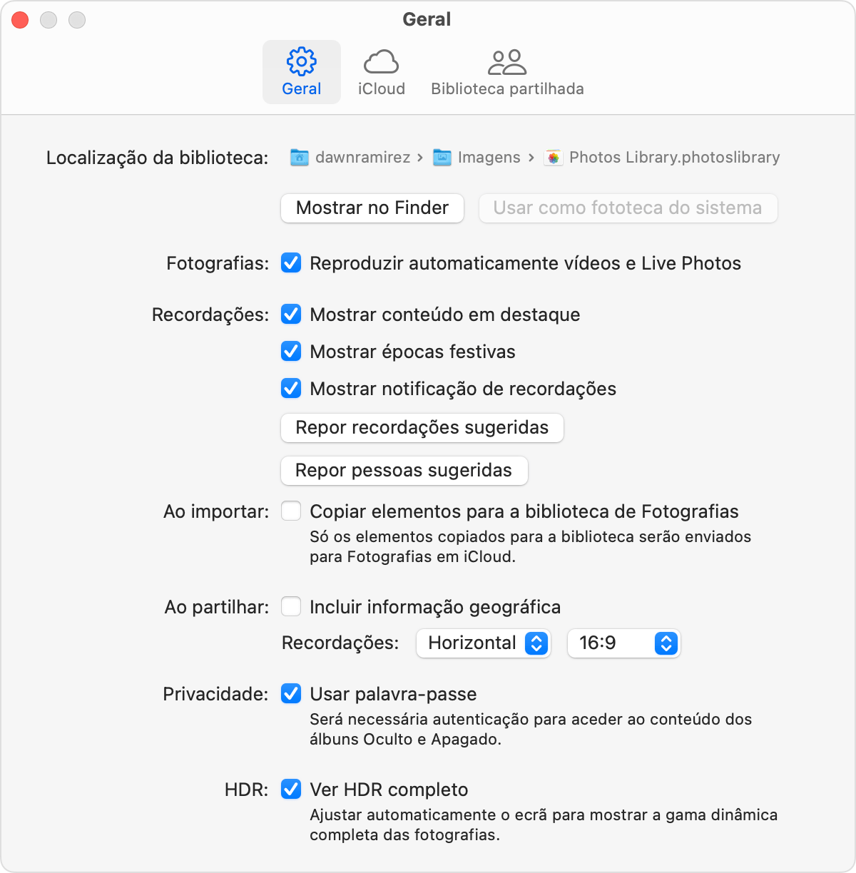App Fotografias a mostrar o separador Geral com várias definições