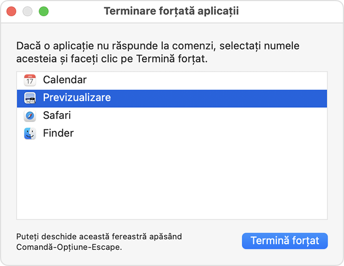 Fereastra Terminare forțată aplicații