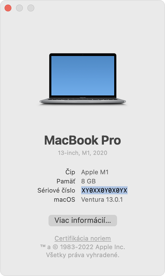 macOS Ventura – O tomto počítači Mac – Sériové číslo